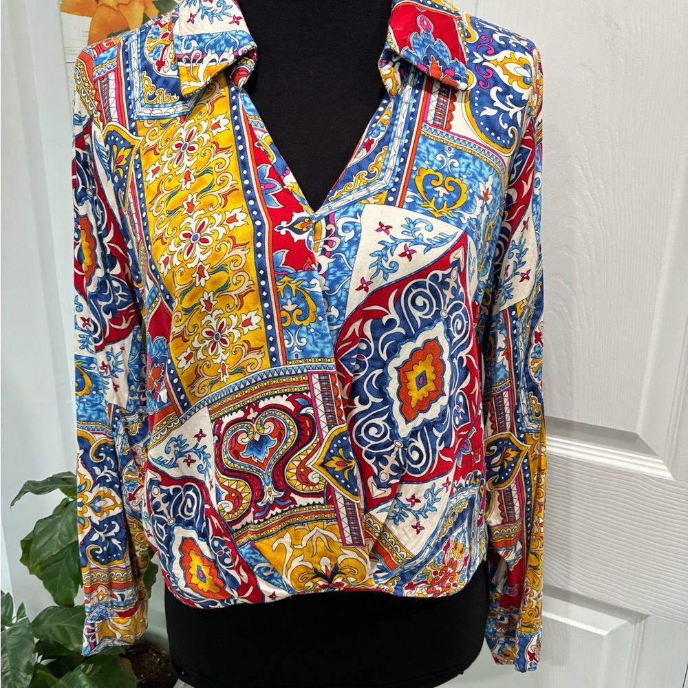 Haute Hippie Multicolor Printed Long Sleeve Crop Top - Red Blue Yellow
